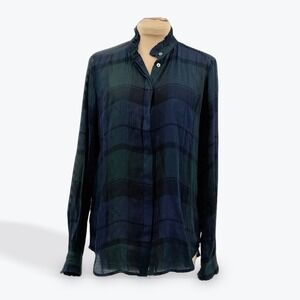 LOFT Plaid Ruffle Neck Long Sleeve Button Down Blouse‎ Top Womens XS